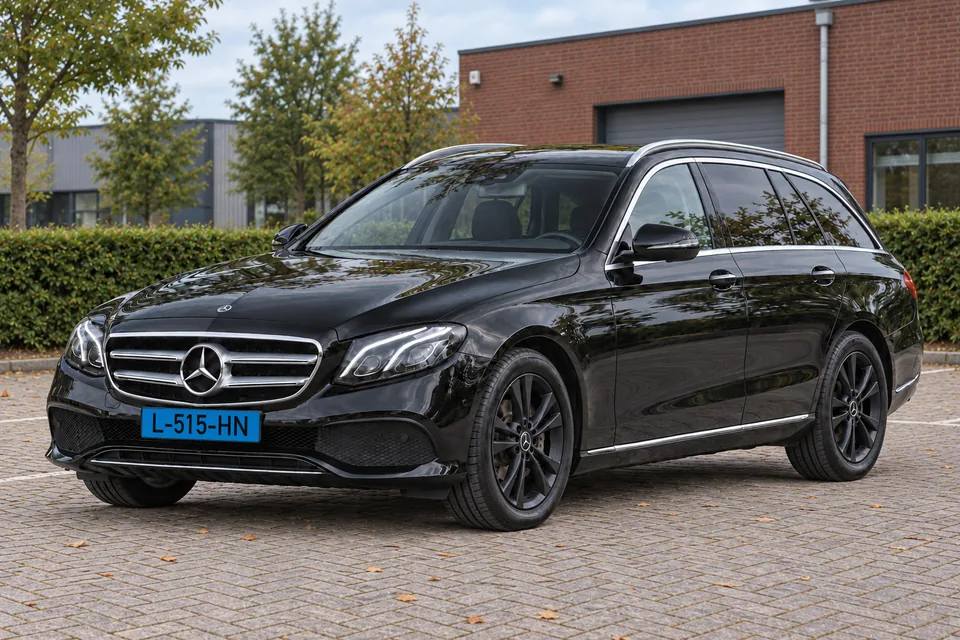 Zwarte Mercedes-Benz E220 4MATIC stationwagen.