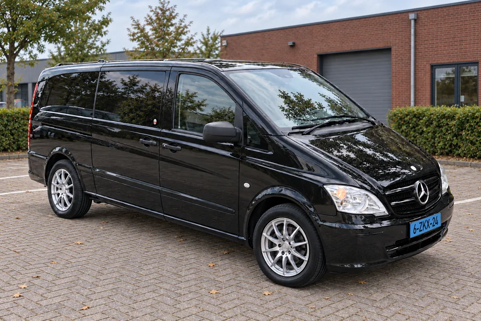 Zwarte Mercedes-taxibus van City Taxi voor maximaal acht personen.