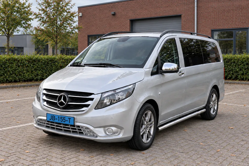 Zilveren Mercedes-taxibus van City Taxi voor maximaal acht personen.